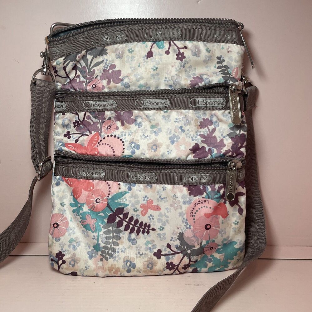 LeSportsac Triple Pocket Zipper Purse Crossbody Pink Beige Tone Floral Print